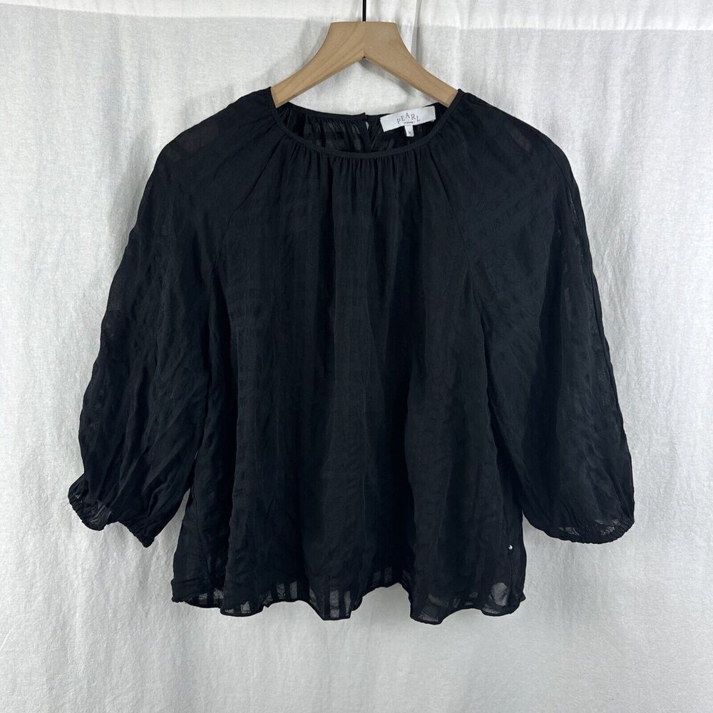 Pearl By Lela Rose Sheer Black Windowpane 3/4 Peasant Top Womens Size M
